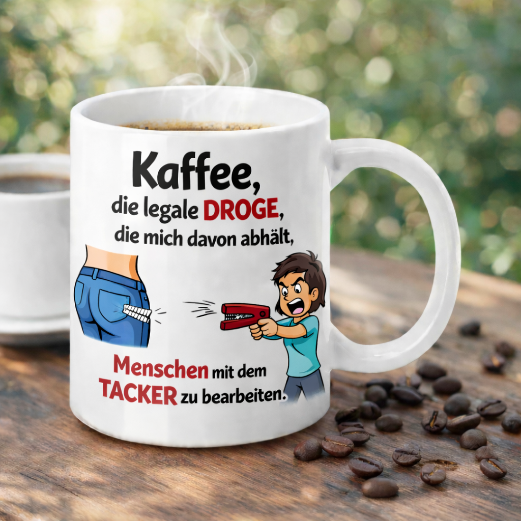 Kaffee die legale Droge, die mich davon abhält Menschen mit dem Tacker zu bearbeiten - Keramiktasse