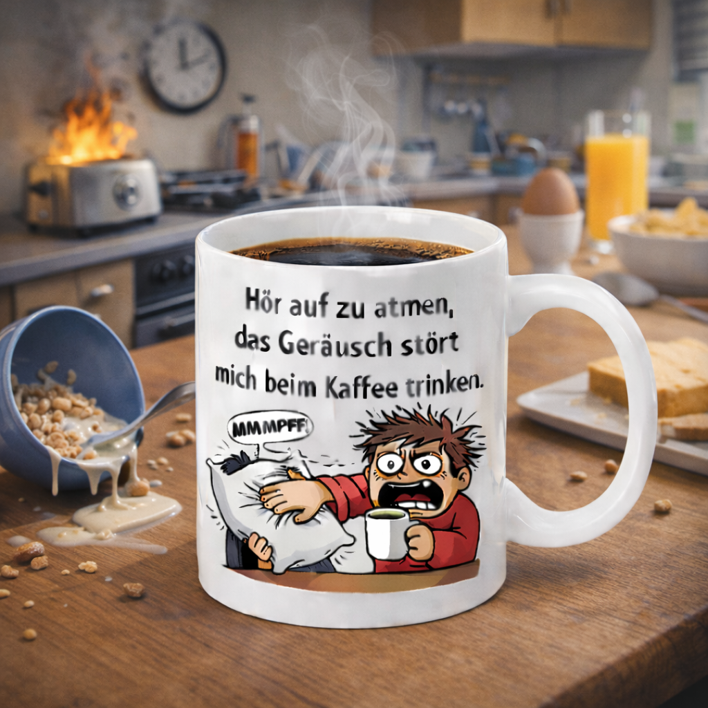 „Hör auf zu atmen – das Geräusch stört mich beim Kaffee trinken“ Keramiktasse